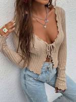 Lettuce Trim Crop Slim Fit Deep V Neck Women Knitwear 7253