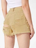  Khaki Fringe Women Denim Shorts 5508