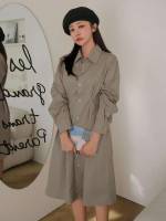 Long Sleeve Khaki Midi Plicated Women Dresses 6620