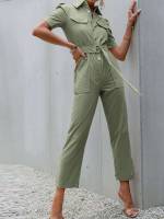 Khaki Collar Short Sleeve Long Women Jumpsuits  Bodysuits 3086