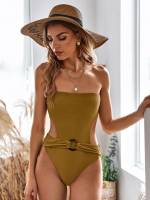  Khaki Cut Out Women One-Pieces 991