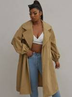  Lapel Plain Khaki Women Plus Clothing 892