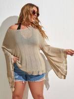 Long Sleeve Scallop Plain Scoop Neck Plus Size Beachwear 1206