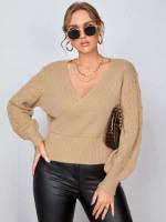 Regular Fit Wrap Casual Plain Plus Size Sweaters 603