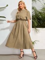 Modest Khaki Plain Button Front Plus Size Dresses 845