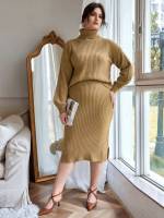 Khaki High Neck Plus Size Sweater Co-ords 8089