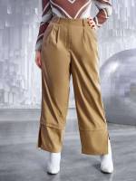 Pocket Regular Fit Long Khaki Plus Size Bottoms 1682