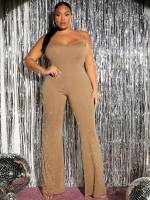 Khaki Spaghetti Strap Sleeveless Sexy Plus Size Jumpsuits  Bodysuits 242