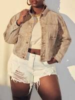 Pocket Crop Casual Khaki Plus Size Denim Jackets 5919