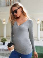 Casual Notched Long Sleeve Plain Maternity 549