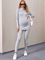 High Neck Long Sleeve Rib-Knit Maternity Two-piece Suits 5617