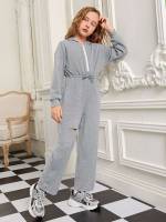 Light Grey Knot Regular Fit Hooded Girls Clothing 402