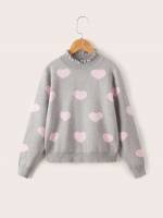 Stand Collar Long Sleeve Regular Fit Heart Girls Sweaters 8112