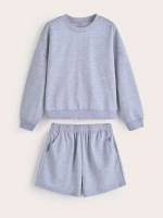 Casual Light Grey Long Sleeve Girls Two-piece Outfits 534