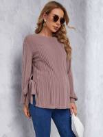 Long Sleeve Light Grey Round Neck Knot Maternity T-shirts 6328