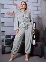  Regular Fit V neck Light Grey Plus Size Jumpsuits 510