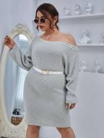  Light Grey Plain Asymmetrical Neck Plus Size Sweater Dresses 2533