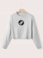 Graphic Embroidery Round Neck Light Grey Women Plus Clothing 251