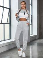 Hooded Plain Light Grey Women Active Sets 3944