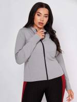 Regular Light Grey Long Sleeve Zipper Plus Size Sports Tops 8690