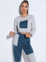 Drawstring Hooded Crop Colorblock Women Activewear 4759