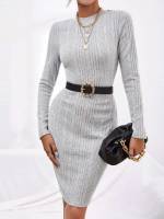 Long Sleeve Knee Length Light Grey Women Dresses 4639