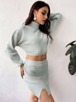  Light Grey High Neck Regular Fit Women Sweater Co-ords 7397