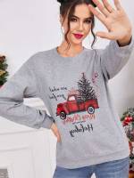 Light Grey Casual Round Neck Car Women Sweatshirts 6440