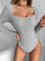 Square Neck Long Sleeve Light Grey Plain Women Jumpsuits  Bodysuits 883