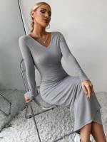 Slim Fit Light Grey Casual Plain Women Dresses 8746