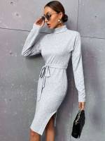 Slim Fit Belted Long Sleeve Plain Women Dresses 925