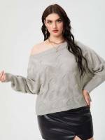 Regular Fit Long Sleeve Light Grey Plain Plus Size Sweaters 151