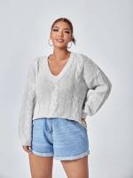 Regular Fit Light Grey V neck Plus Size Knitwear 4997