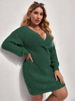 Long Sleeve Sexy Deep V Neck Light Grey Plus Size Sweater Dresses 6480