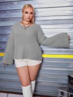 Light Grey Regular Lace Up Round Neck Plus Size Sweaters 2754