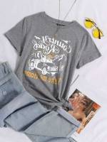 Casual Light Grey Graphic Women Tops, Blouses  Tee 3824