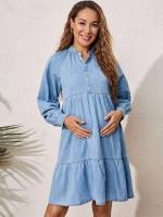 Long Sleeve Light Wash Ruffle Hem Maternity Denim 5708