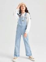  Straps Embroidery Sleeveless Girls Denim Overalls  Jumpsuits 7437