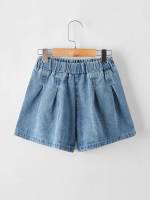 Plain Loose Plicated Girls Denim Shorts 2842