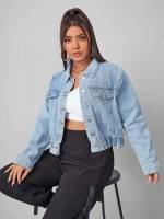 Regular Long Sleeve Collar Plain Plus Size Denim Jackets 3096