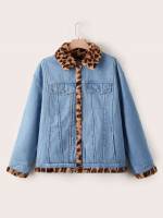 Regular Collar Leopard Plus Size Denim Jackets 9652