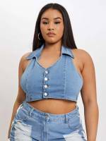 Halter Sleeveless Plain Plus Size Denim Tops 7862