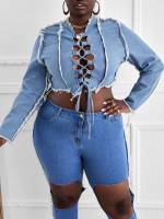  Long Sleeve Lace Up Light Wash Plus Size Denim 7072