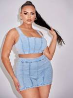  Slim Fit Light Wash Plus Size Denim Two-piece Outfits 91