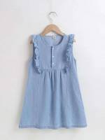  Knee Length Round Neck Cute Toddler Girl Denim Dresses 725