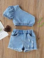 Plain Light Wash Short Sleeve Casual Toddler Girl Denim Two-piece Outfits 982