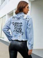 Regular Fit Casual Letter Light Wash Women Denim Jackets  Coats 1890