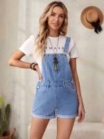 Light Wash Short Button Women Denim Overalls  Jumpsuits 1671