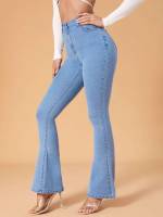  Regular Fit Plain Button Women Jeans 6063