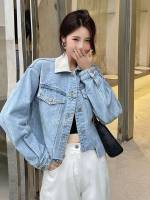 Long Sleeve Casual Collar Fake Pockets Women Denim Jackets  Coats 2357